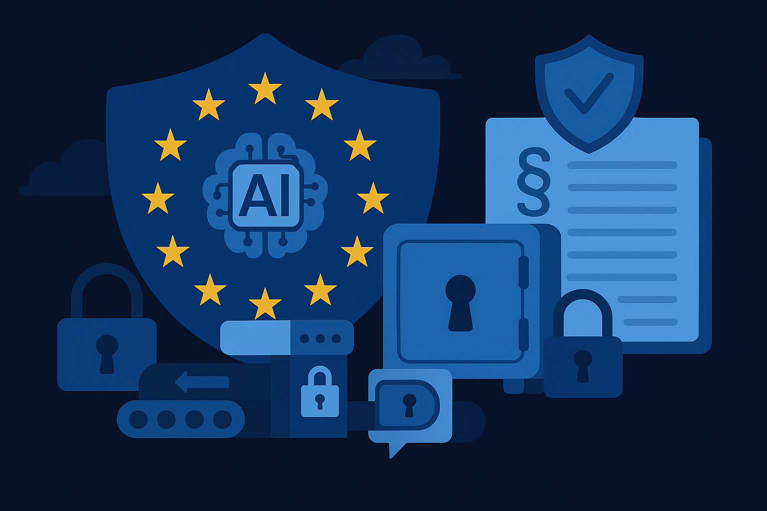 Illustration mit Icons für Sicherheit, Gesetze, Schlüsselloch