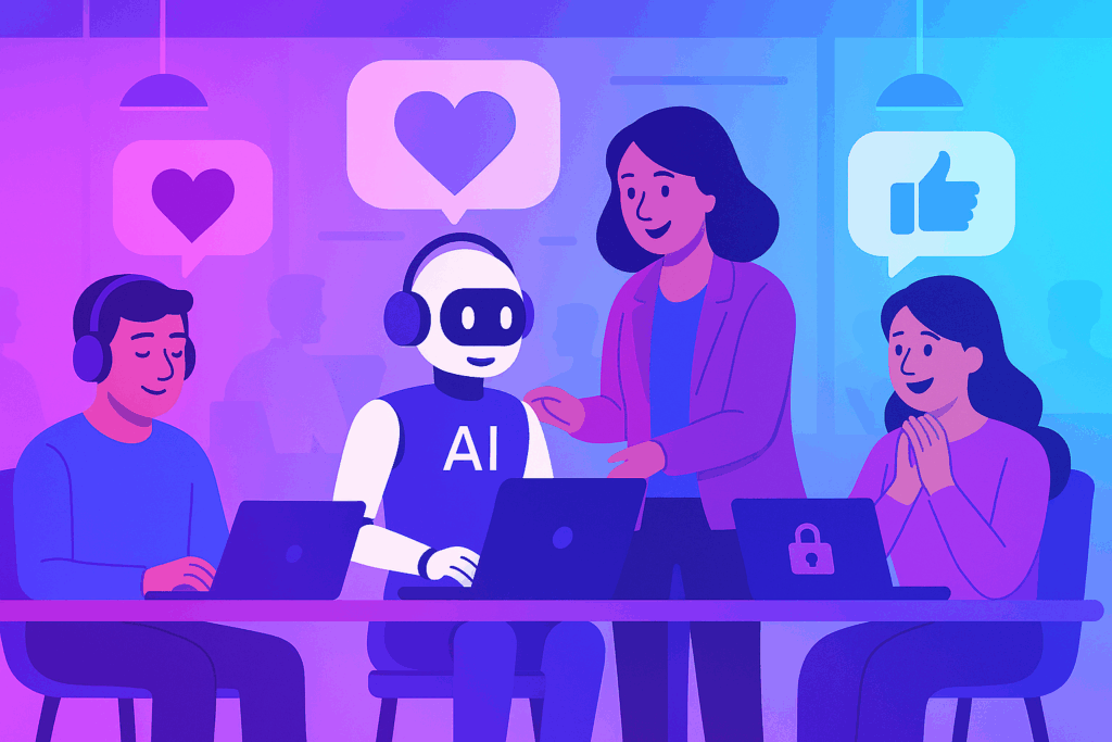 Illustration, die zeigt wie ein Chatbot und drei Menschen nebeneinander an einem Schreibtisch arbeiten
