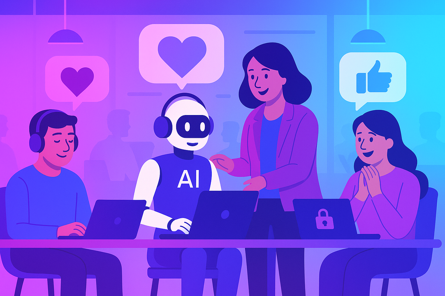 Illustration, die zeigt wie ein Chatbot und drei Menschen nebeneinander an einem Schreibtisch arbeiten